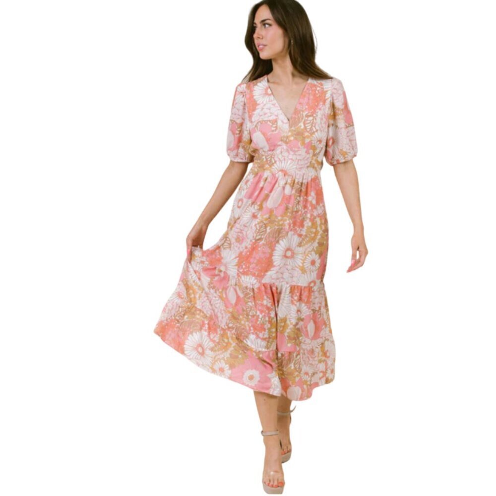 LaRoque Joanna Wrap Maxi Dress Womens Medium Pink Floral Palm Beach Print V-Neck